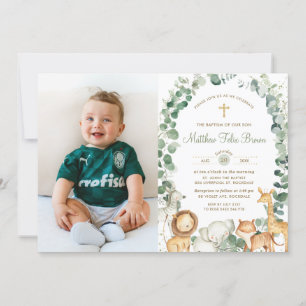 Jungle Animals Greenery Baptism Christening Photo Inbjudningar