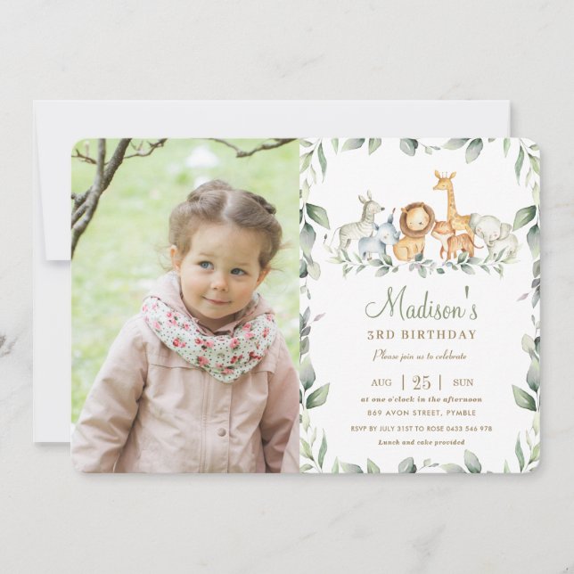 Jungle Animals Greenery Birthday Boy Girl Foto Inbjudningar (Framsida)