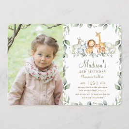 Jungle Animals Greenery Birthday Boy Girl Foto Inbjudningar