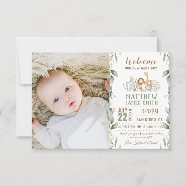 Jungle Animals Greenery Nyfödd bebis Boy Photo Bir Meddelande (Framsida)