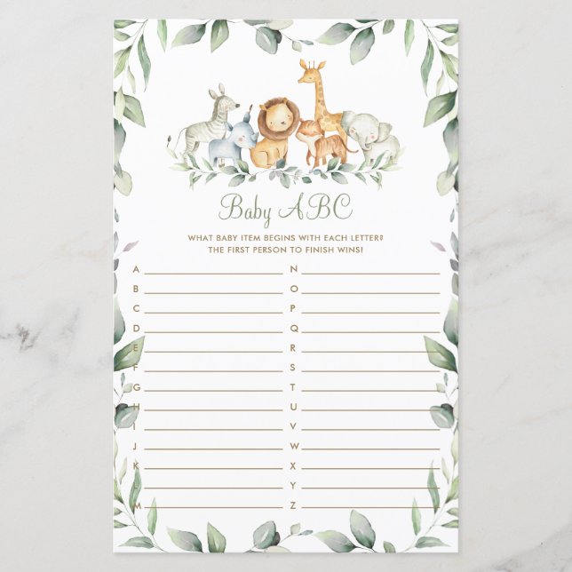 Jungle Animals Greenery Shower Baby ABC-spelkort (Framsida)