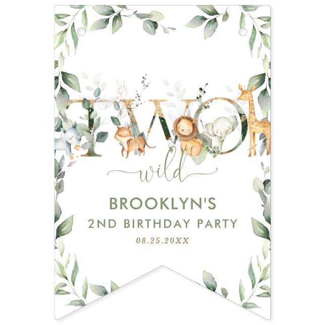 Jungle Animals Greenery Två Vilder andra födelseda Vimplar (Första flaggan)