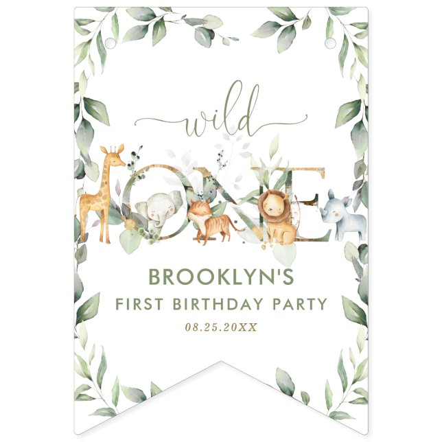 Jungle Animals Greenery Vild 1 Grattis på födelsed Vimplar (Första flaggan)