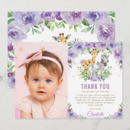 Jungle Animals Lila Blommigt 1:a födelsedagsfoto Tack Kort