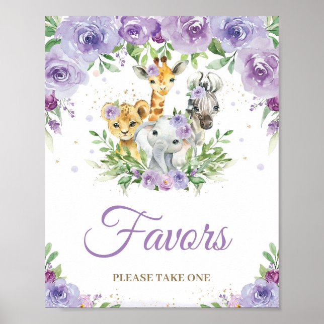 Jungle Animals Lila Blommigt Baby Shower Favor Poster (Framsidan)