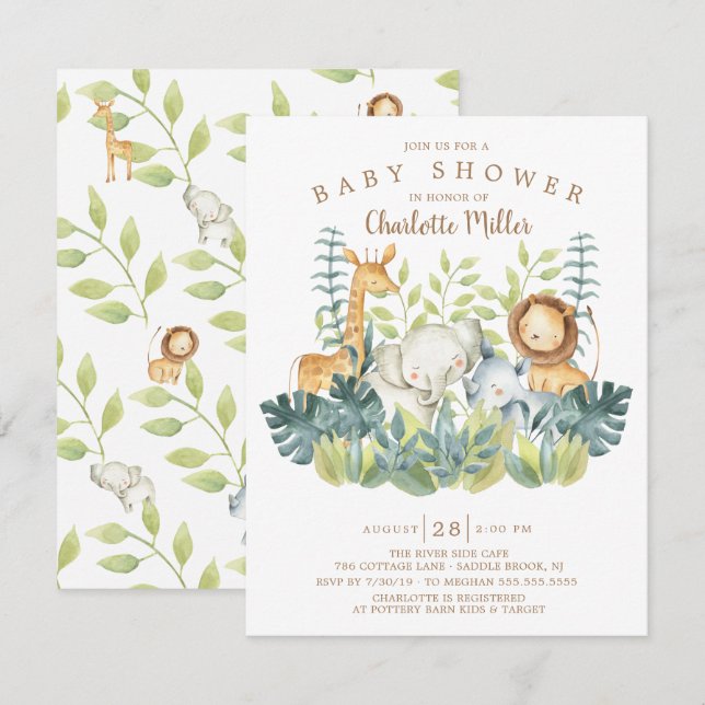 Jungle Animals Neutralt Baby Shower Inbjudningar (Fram/baksida)
