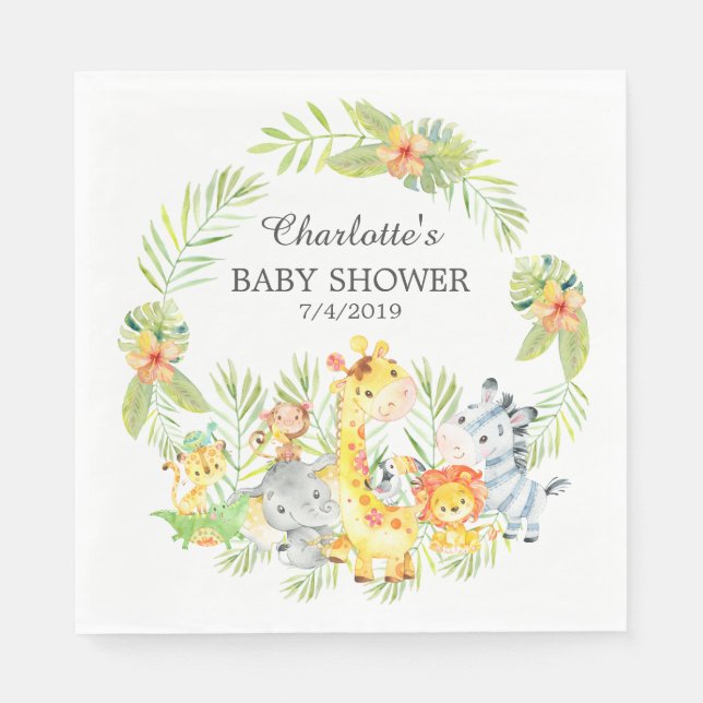 Jungle Animals Neutralt Baby Shower Papper Napkins Pappersservett (Framsidan)