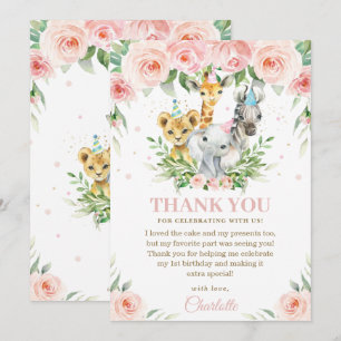 Jungle Animals Party Hats Rosa Blommigt Tack Kort