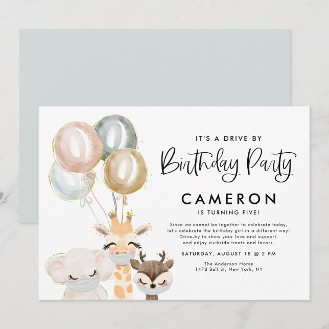 Jungle Animals Quarantine Drive by Födelsedagsfest Inbjudningar (Fram/baksida)