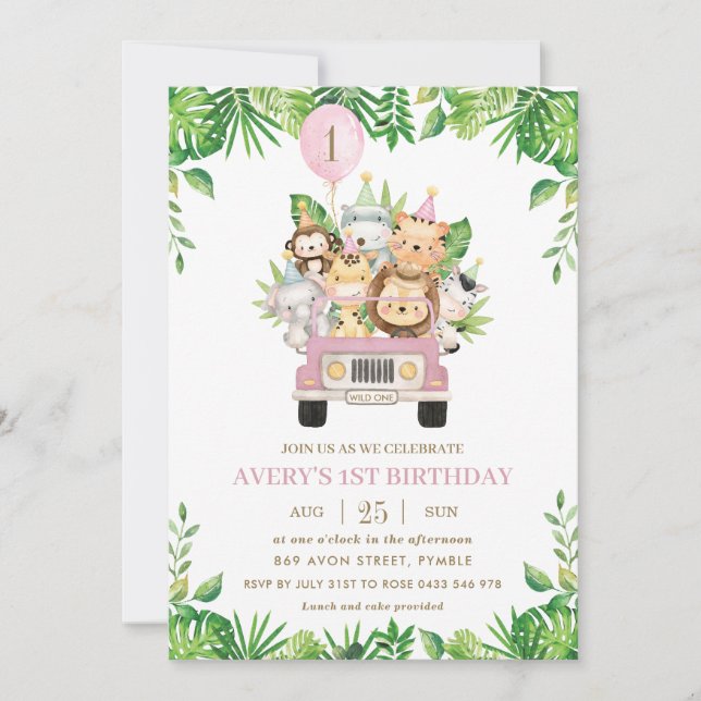 Jungle Animals Rosa Safari Car Girl 1st Birthday Inbjudningar (Framsida)