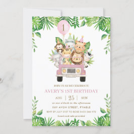 Jungle Animals Rosa Safari Car Girl 1st Birthday Inbjudningar