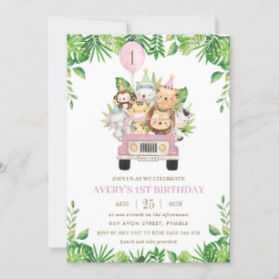 Jungle Animals Rosa Safari Car Girl 1st Birthday Inbjudningar
