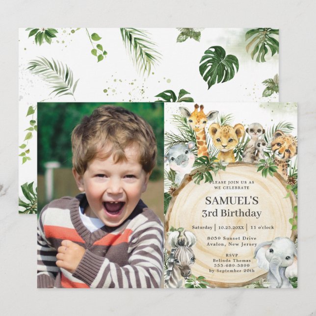 Jungle Animals Rustic Wood Segce Birthday Photo Inbjudningar (Fram/baksida)