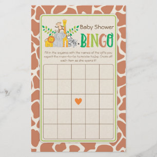 Jungle Animals Safari Baby Shower Bingo Game Flygblad