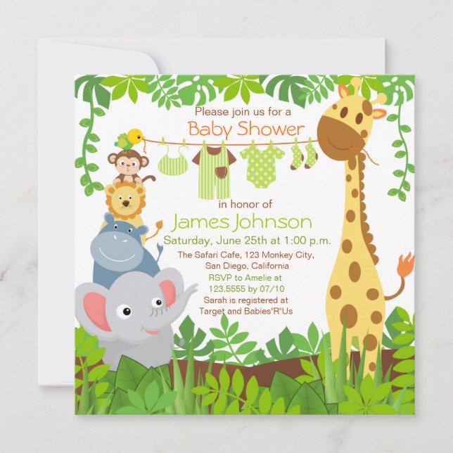 Jungle Animals Safari Baby Shower-inbjudan Inbjudningar (Framsida)