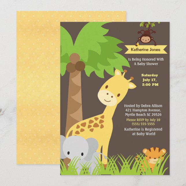 Jungle Animals Safari Baby Shower-inbjudan Inbjudningar (Fram/baksida)