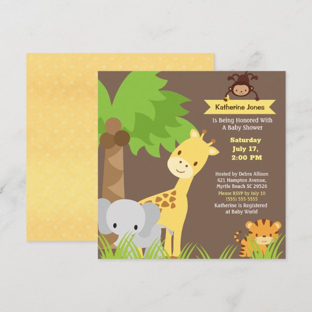 Jungle Animals Safari Baby Shower-inbjudan Inbjudningar (Fram/baksida)
