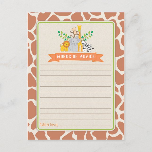 Jungle Animals Safari Baby Shower Ord of Advice Rådkort (Framsida)