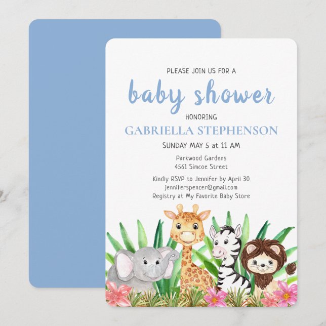 Jungle Animals Safari Blue Baby Shower-inbjudan Inbjudningar (Fram/baksida)
