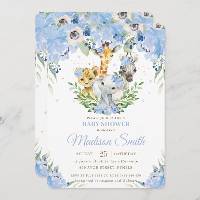 Jungle Animals Safari Blue Blommigt Baby Shower Inbjudningar (Fram/baksida)