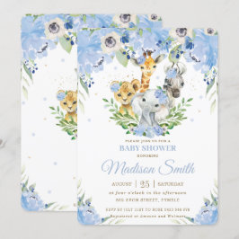 Jungle Animals Safari Blue Blommigt Baby Shower Inbjudningar