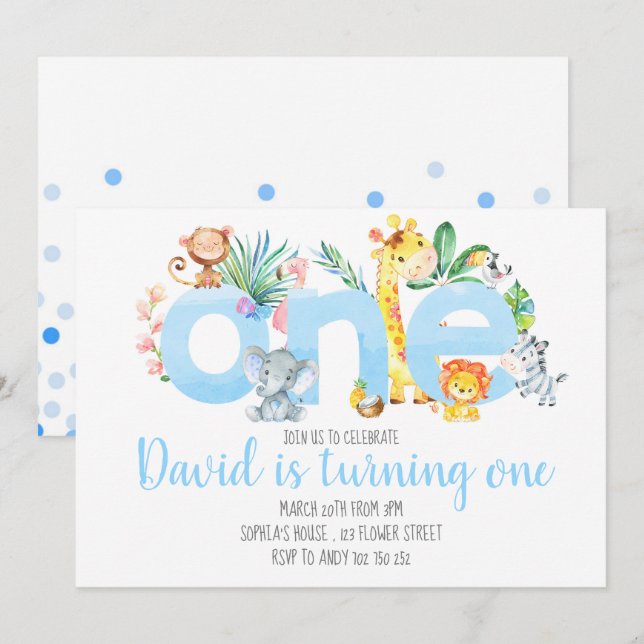 Jungle Animals Safari Boy Blue Cute 1:a födelsedag Inbjudningar (Fram/baksida)