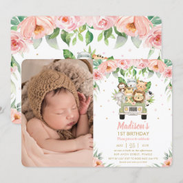 Jungle Animals Safari Car Blommigt Birthday Photo Inbjudningar