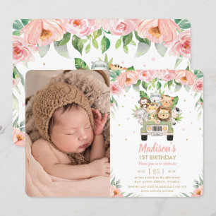 Jungle Animals Safari Car Blommigt Birthday Photo Inbjudningar