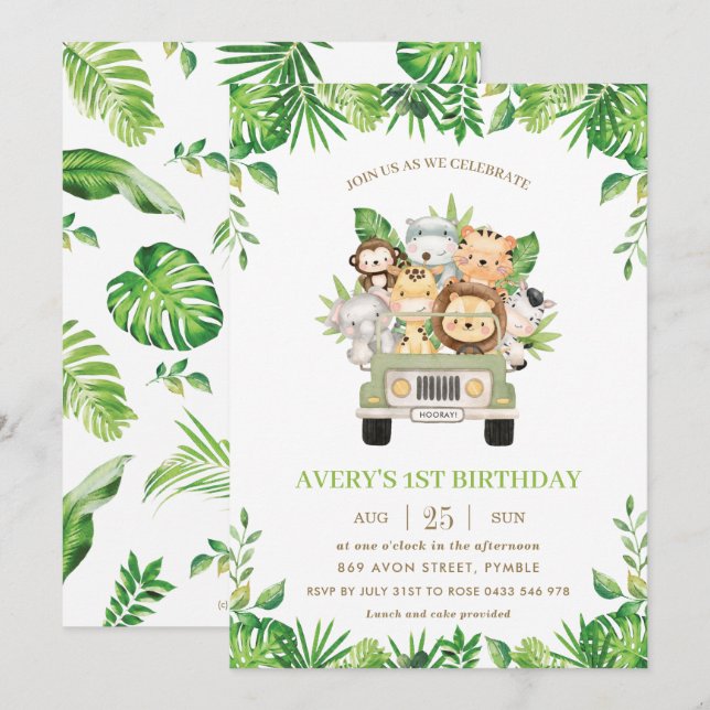 Jungle Animals Safari Car Greenery 1:a födelsedage Inbjudningar (Fram/baksida)