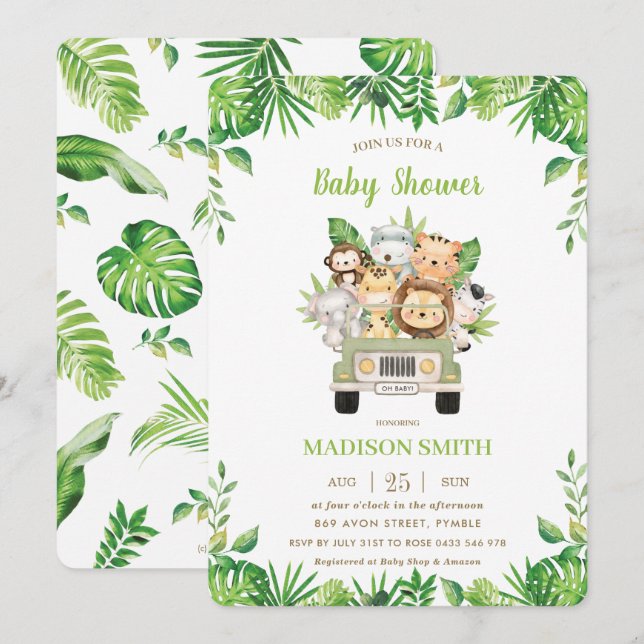 Jungle Animals Safari Car Greenery Baby Shower Inbjudningar (Fram/baksida)