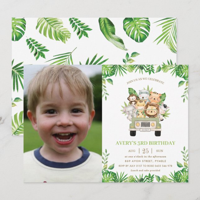 Jungle Animals Safari Car Greenery Birthday Photo Inbjudningar (Fram/baksida)