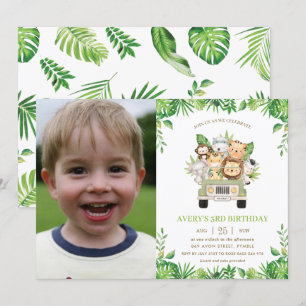 Jungle Animals Safari Car Greenery Birthday Photo Inbjudningar
