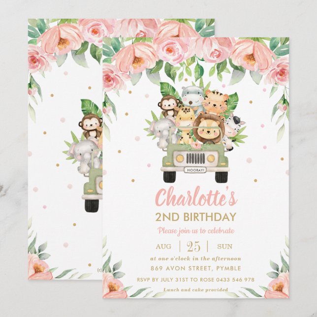 Jungle Animals Safari Car Rosa Blommigt Birthday Inbjudningar (Fram/baksida)