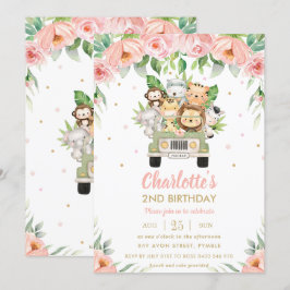 Jungle Animals Safari Car Rosa Blommigt Birthday Inbjudningar