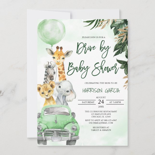 Jungle Animals Safari Drive by Baby Shower Inbjudningar (Framsida)