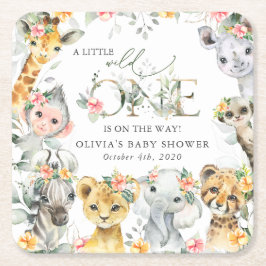 Jungle Animals, Safari, Flowers, Baby Shower Underlägg Papper Kvadrat
