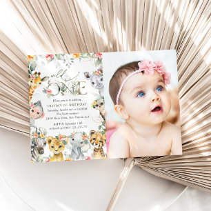 Jungle Animals, Safari, Flowers, First Birthday Inbjudningar