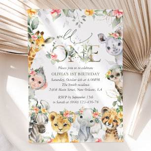 Jungle Animals, Safari, Flowers, First Birthday Inbjudningar