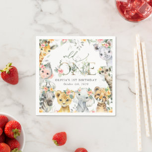 Jungle Animals, Safari, Flowers, First Birthday Pappersservett