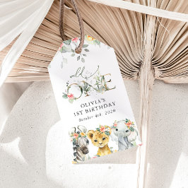Jungle Animals, Safari, Flowers, First Birthday Presentetikett