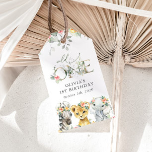 Jungle Animals, Safari, Flowers, First Birthday Presentetikett