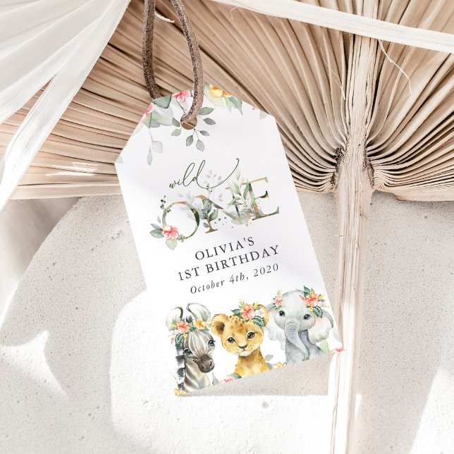 Jungle Animals, Safari, Flowers, First Birthday Presentetikett (Skapare uppladdad)