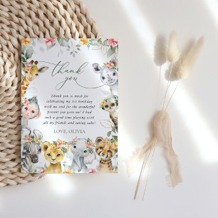 Jungle Animals, Safari, Flowers, First Birthday Tack Kort