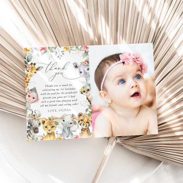 Jungle Animals, Safari, Flowers, First Birthday Tack Kort (Skapare uppladdad)
