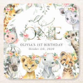Jungle Animals, Safari, Flowers, First Birthday Underlägg Papper Kvadrat