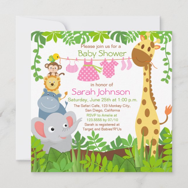 Jungle Animals Safari Girl Baby Shower-inbjudan Inbjudningar (Framsida)
