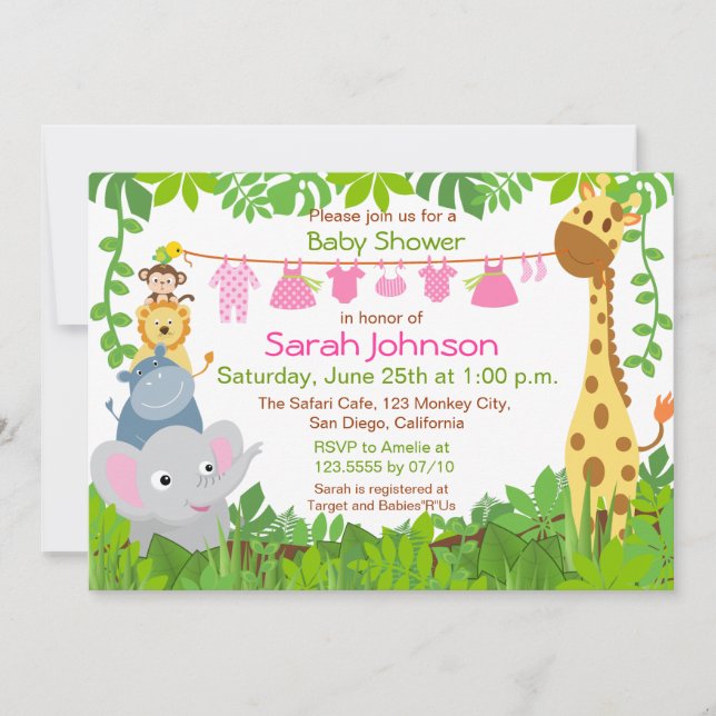 Jungle Animals Safari Girl Baby Shower-inbjudan Inbjudningar (Framsida)