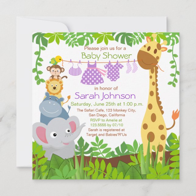 Jungle Animals Safari Girl Baby Shower-inbjudan Inbjudningar (Framsida)