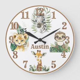Jungle Animals Safari Personlig Nursery Round Stor Klocka