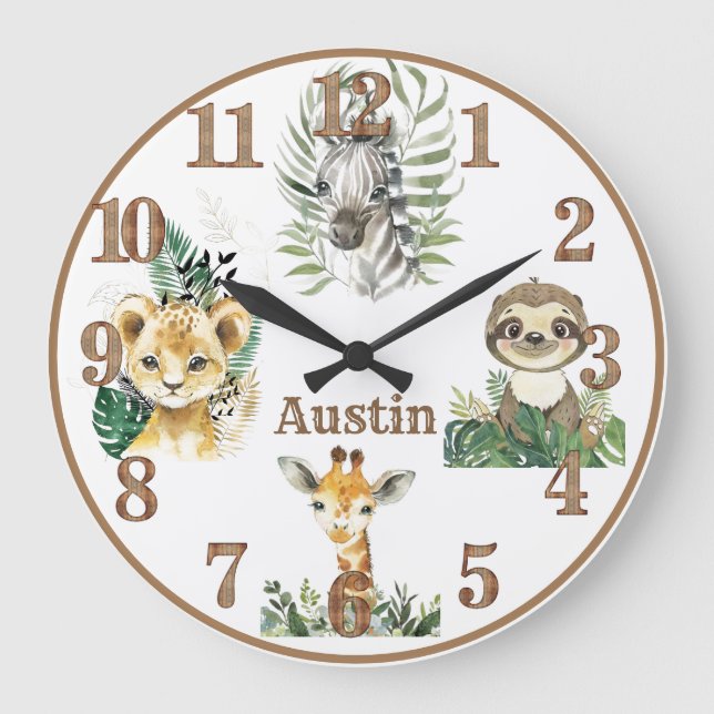 Jungle Animals Safari Personlig Nursery Round Stor Klocka (Framsida)
